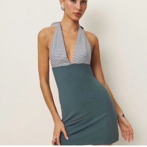Reformation Slate Baker Knit Halter Gingham Mini Dress